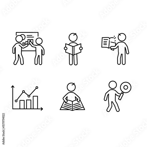 A comprehensive set of minimalist line icons illustrating concepts of education, business, data analysis, and collaborative learning.