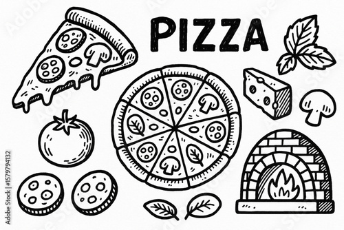 Pizza Doodle Icon Set – Hand Drawn Black and White Sketch Vector with Slice, Cheese, Tomato, Pepperoni, Mushroom and Oven Illustrations