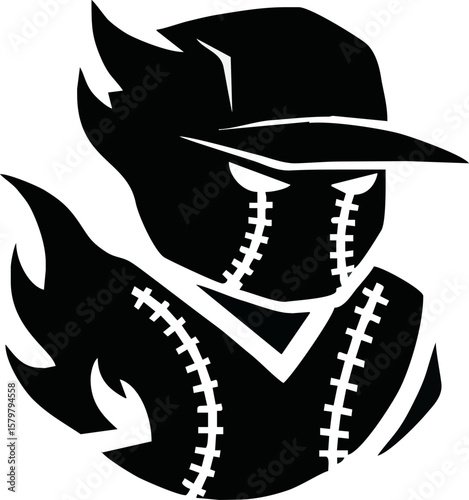 Stylized baseball player with flames, wearing a cap, depicted in black and white.