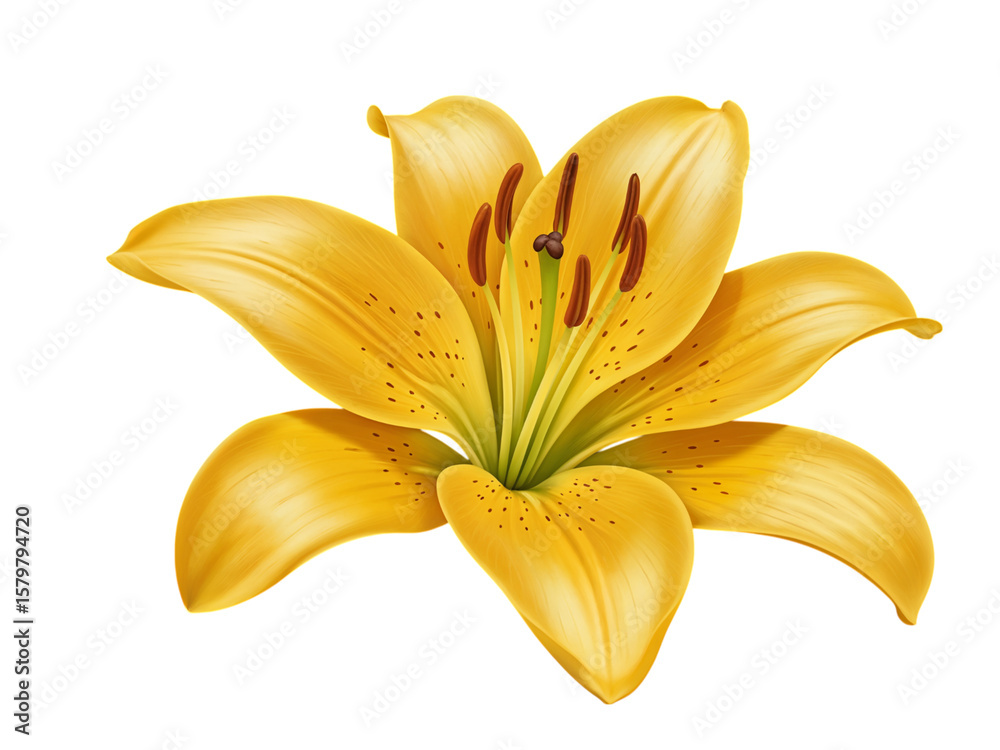 Obraz premium A vibrant yellow lily with delicate petals and brown speckles isolated on transparent background