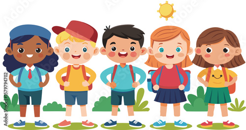 A lively collection of stylized illustrations depicting diverse school children engaged in learning and  school activities, emphasizing education and childhood development
