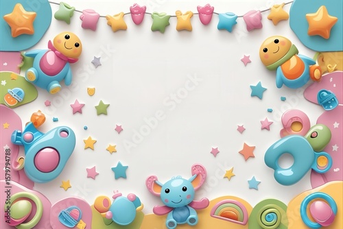 Cute baby shower frame with adorable cartoon animals, toys, and pacifiers. A playful and colorful border for a newborn announcement, birthday invitation, or nursery decoration