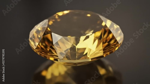A radiant yellow gemstone with intricate facets resting on a reflective surface in soft lighting