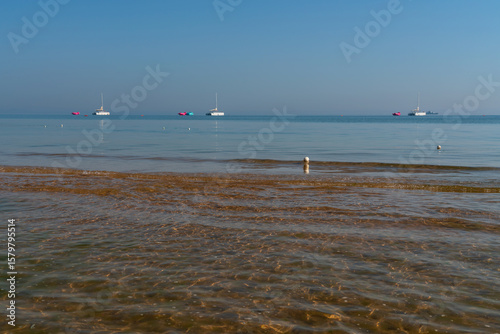 Fototapeta Naklejka Na Ścianę i Meble -  View of the calm waters of the Yellow Sea from the Yantai Golden Beach coastal park on a sunny summer day, Yantai, Shandong, China