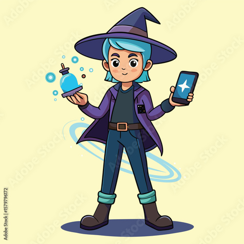 Cool cartoon wizard holding magic potion and smartphone