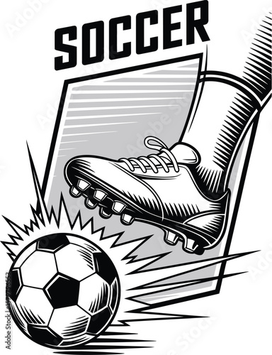 A soccer cleat kicks a soccer ball with the word soccer above it