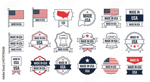 Collection of "Made in USA" labels and badges featuring American flags, maps, and patriotic design elements, showcasing national pride.