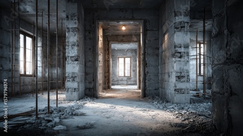 Interior view of modern house in unfinished construction featuring elegant minimalist design  cement walls and exposed steel rods showcase architecture progress and structural framework