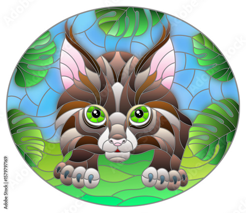 An illustration in stained glass style with baby lynx on the hunt, animal on the background of tropical leaves, oval image
