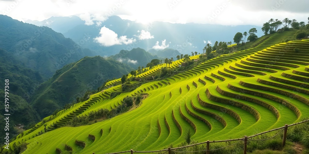 Fototapeta premium Emerald green Banaue rice terraces, early spring mist, Cordillera mountains, sunset, topography