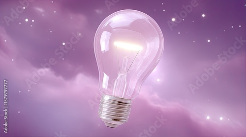 Floating light bulb with soft purple background and stars, representing ideas and creativity in a dreamy atmosphere