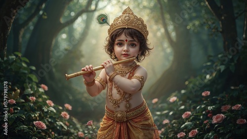 Young Lord Krishna Child Playing Flute in Enchanted Forest Hindu Mythology