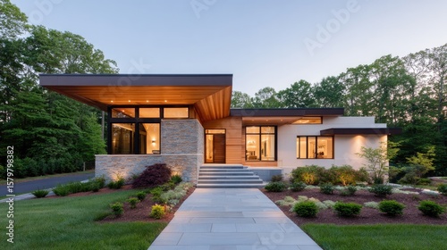Modern Single-Family Home Design with Stone and Wood Elements Surrounded by Lush Greenery at Dusk