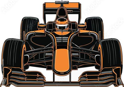 Orange and black Formula 1 race car, front view, detailed illustration.