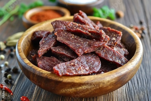 Appetizing rustic wooden bowl filled with dark red beef jerky, Delicious homemade jerky herbs
