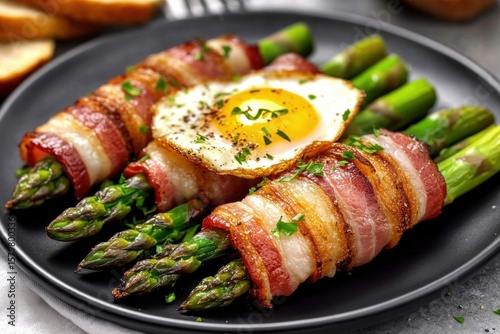Asparagus-Wrapped Bacon Plate with Fried Egg, Toasted Bread on Black baked asparagus wrapped