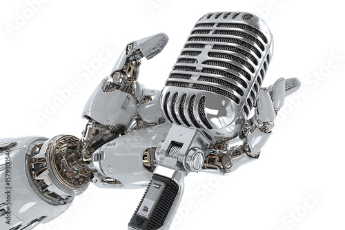Robotic hand holding vintage microphone.