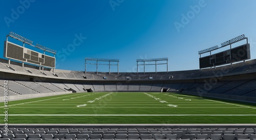 Spacious Modern Football Stadium with Green Grass Field and Clear Blue Sky on a Bright Day