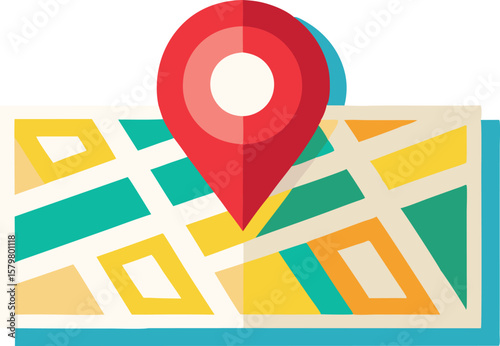 An illustration featuring a stylized map with a prominent location pin or navigation elements, often depicting a journey or destination