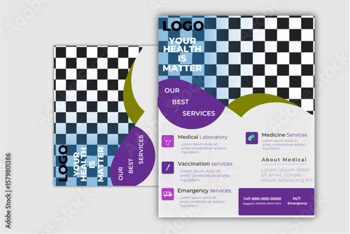 Modern a4 business flyer template layout with circle, rectangle and round-rectangle shape.
