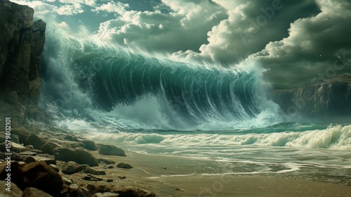 Dramatic digital illustration of powerful wave crashing on rocky shore Ocean separate up to form canal