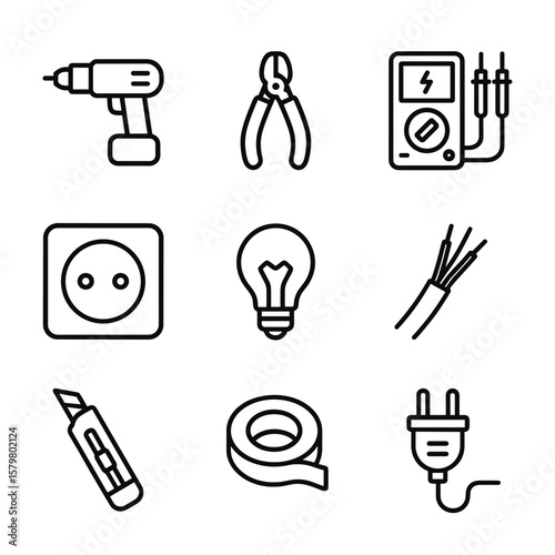 Electrician tools and instruments icons collection. Outline symbols. Line design