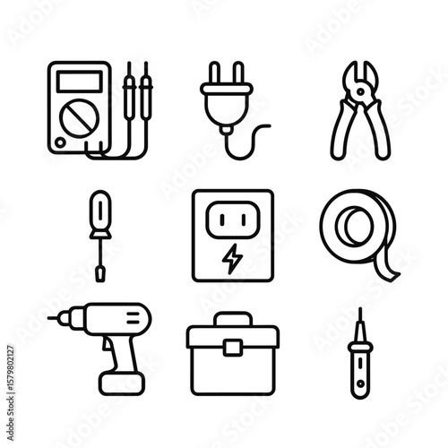 Electrical tools and equipment icons vector set. Outline symbols. Line design