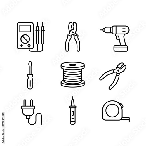 Electricity and electrical tools icons vector set. Outline symbols. Line design