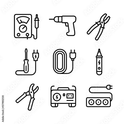 Electrical work tools icons vector bundle. Outline symbols. Line design