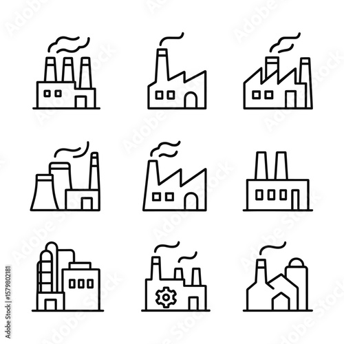 Industrial factory and production icons collection. Outline symbols. Line design