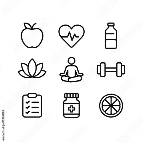 Wellbeing and healthy living icons vector bundle. Outline symbols. Line design