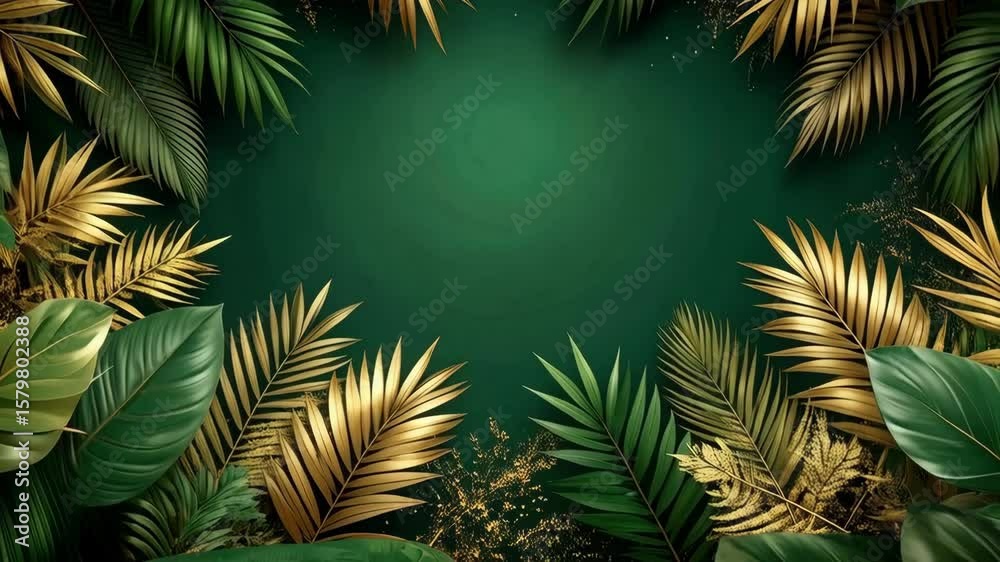 Tropical green background with golden leaves. Exotic plants frame with copy space. Botanical luxurious backdrop design.