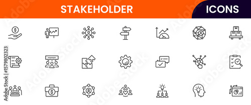 Vector illustration web line icon collection for stakeholder collaboration, influence, communication, and partnership symbols in a professional, modern, and interconnected design style.