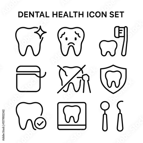Dental care icons with teeth and oral health symbols. Outline symbols. Line design