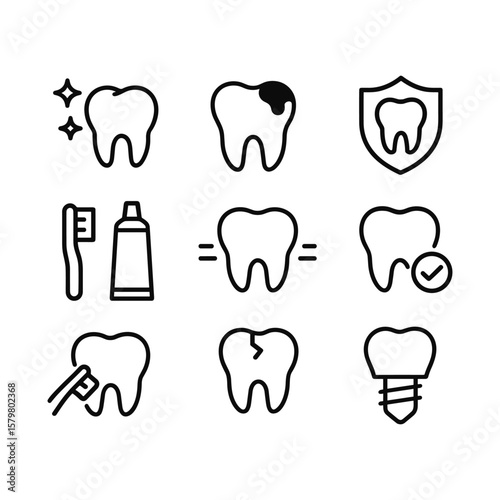Dental hygiene icons with teeth cleaning symbols. Outline symbols. Line design