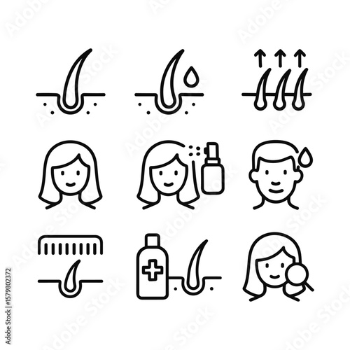 Hair care and styling icons with salon treatment symbols. Outline symbols. Line design