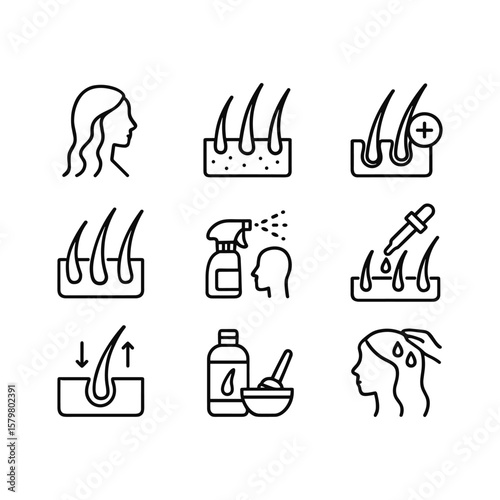 Hair salon icons with beauty and styling symbols. Outline symbols. Line design