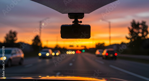Dashcam View of Moving Cars on a Highway at Sunset with Colorful Sky and Silhouetted Trees