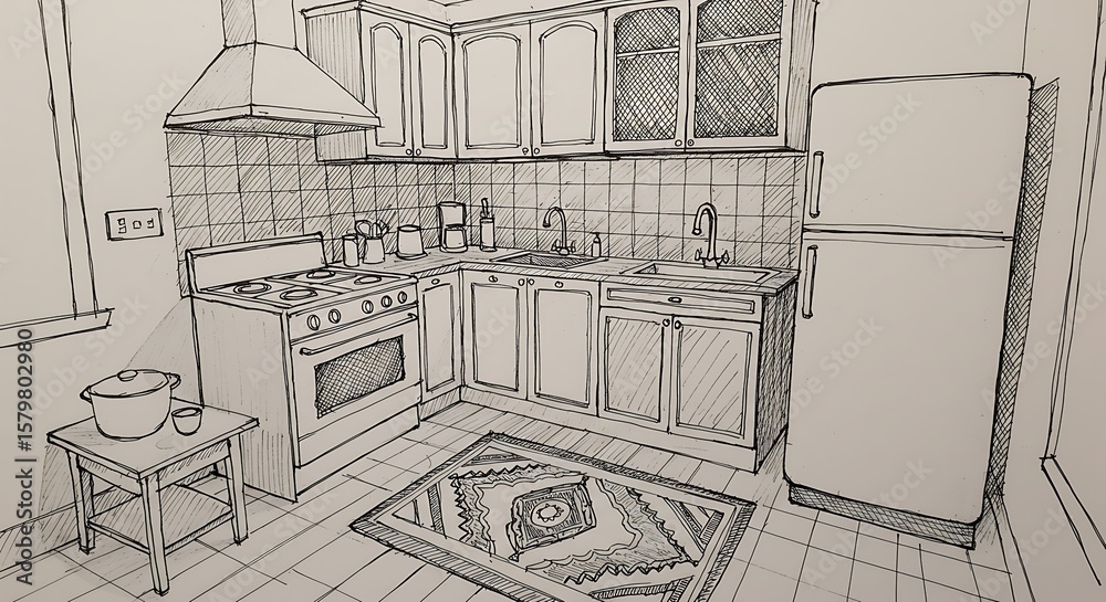 Fototapeta premium Hand-drawn illustration of a kitchen interior, featuring appliances and cabinetry.