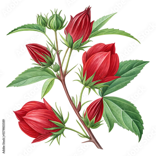 Detailed watercolor illustration of red hibiscus sabdariffa flowers and buds isolated on transparent background