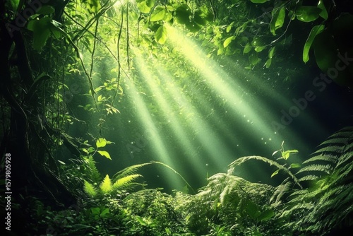 Serene Tropical Forest Landscape with Sunlight Filtering Through Lush Greenery Sunbeams green jungle
