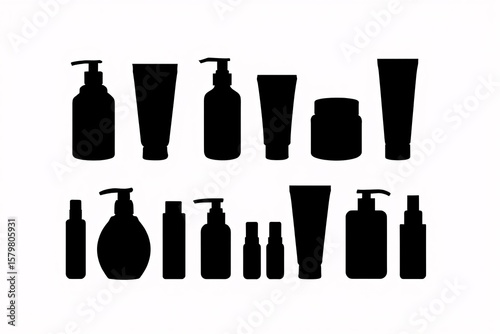 Black and white minimalist silhouette icons: diverse cosmetic bottles and tubes.