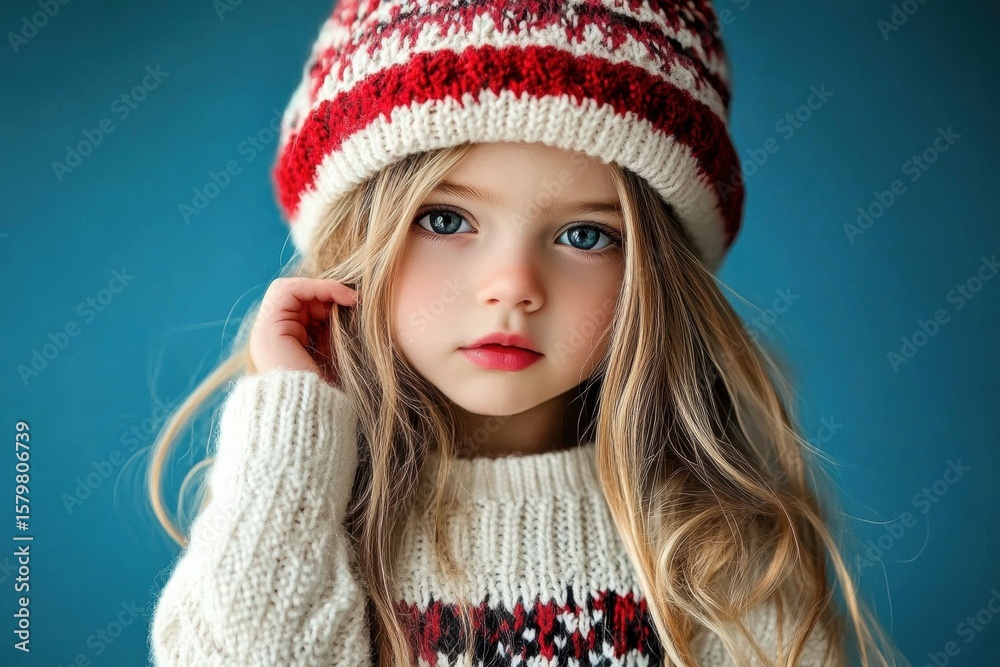 Young girl in red and white knitted beanie, staring thoughtfully, Cute little wearing winter clothes Young girl in red and white knitted beanie, staring thoughtfully, Cute little wearing winter clothes