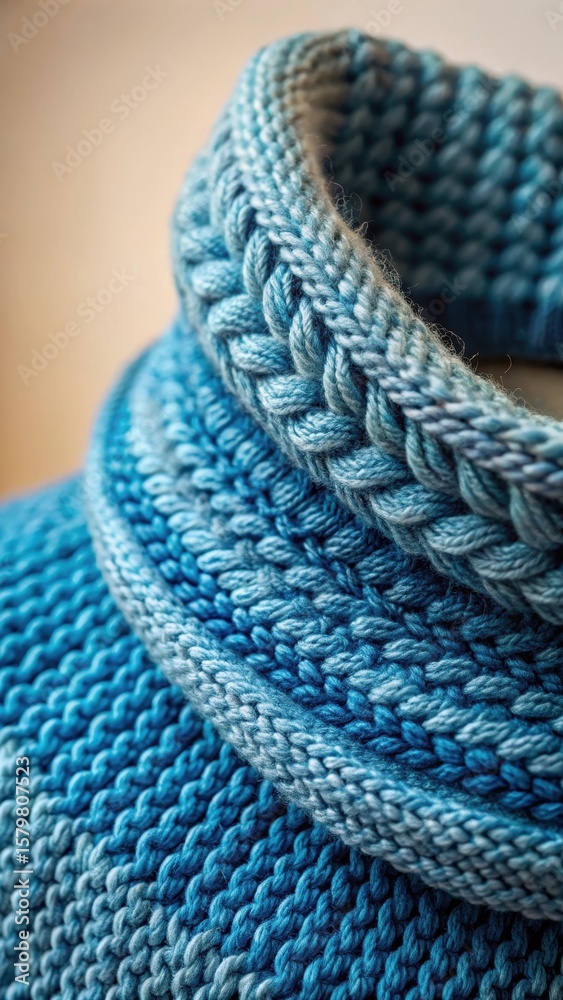 Obraz premium A close-up shot of a knitted blue collar with intricate texture and subtle color gradations against a neutral background