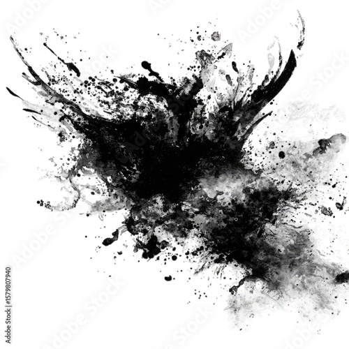 Abstract monochrome splatter, radiating outward from a central point
