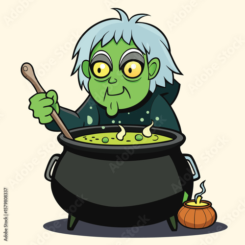 Halloween witch making potion in black cauldron cartoon