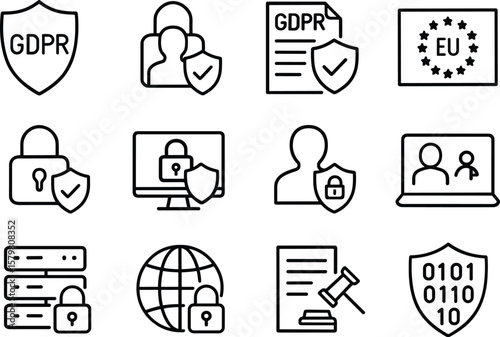 Data Protection Icons Set Outline Style GDPR Compliance Privacy Policy Security System Vector Illustration