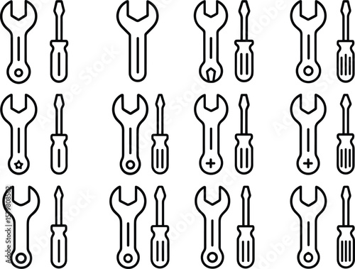 Outline Wrench and Screwdriver Collection Vector Illustration Set for Repair, Construction, and Maintenance