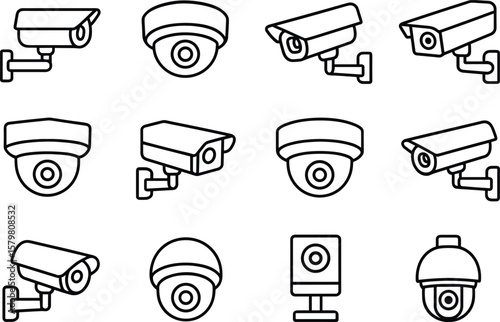 Security Camera Line Icon Set Vector Illustration: CCTV, Surveillance, and Monitoring System Symbols Collection