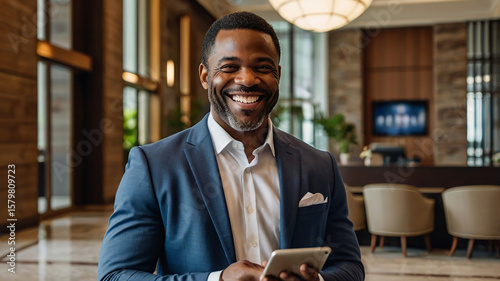 African American businessman uses digital tablet in hotel lobby. Successful entrepreneur or executive. He smiles confidently. Indoor setting. Modern business environment. Tech use. Portrait photo.